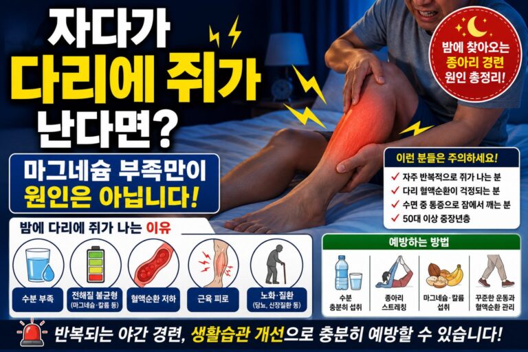 밤에 다리에 쥐가 나는 이유와 종아리 경련 원인을 설명하는 건강 정보 썸네일