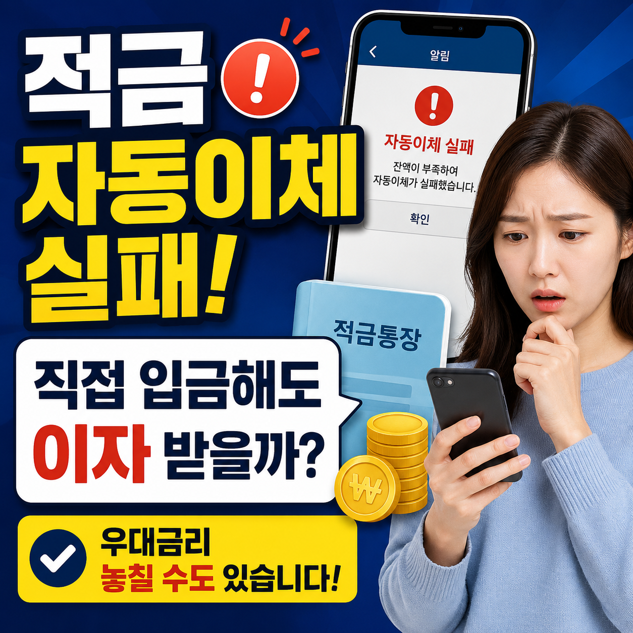적금 자동이체 실패 후 직접 입금 시 이자 적용 여부를 설명하는 금융 생활정보 썸네일