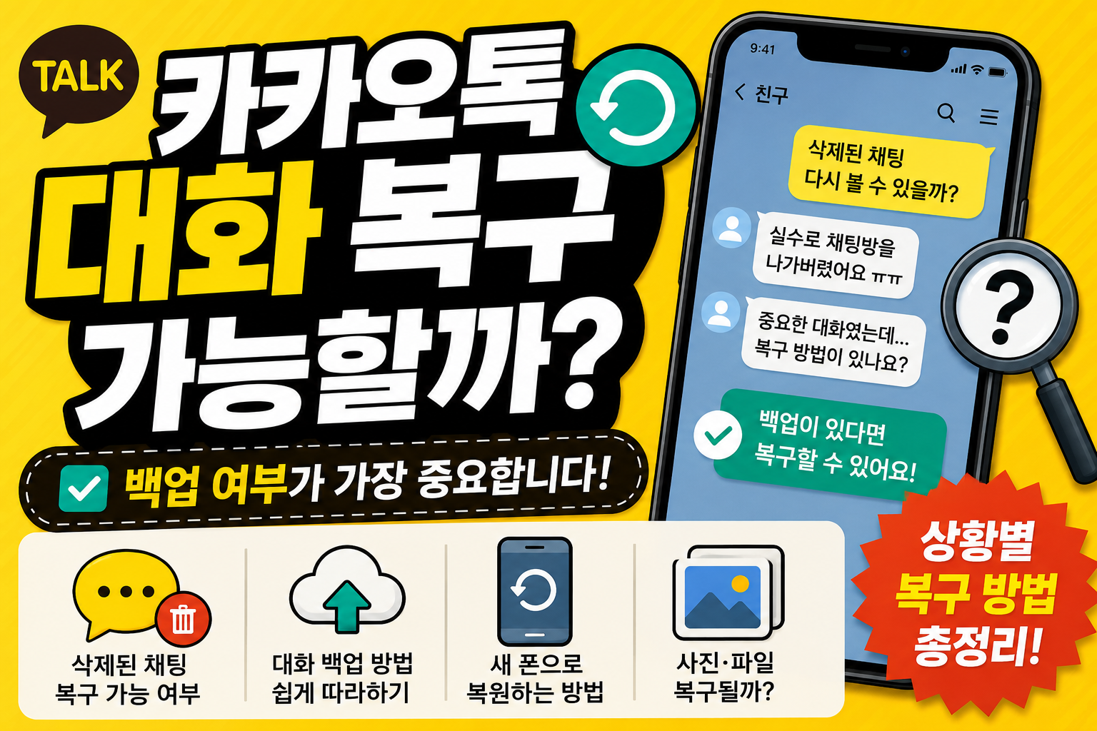 카카오톡 대화 복구 가능 여부와 백업 복원 방법을 설명하는 생활정보 썸네일